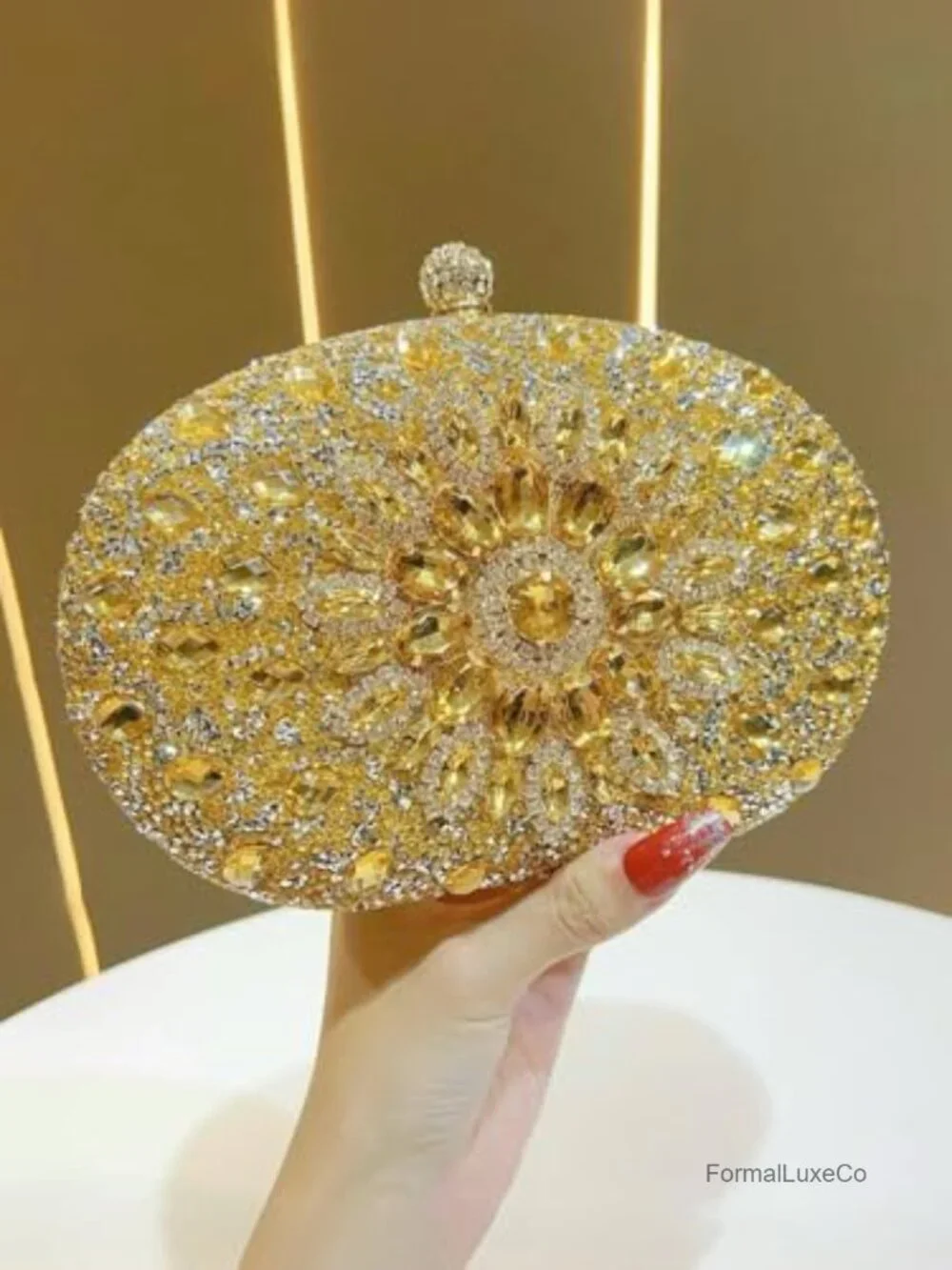 Sparkly Evening Clutch Purse - Floral Pattern, Metal, Top Handle